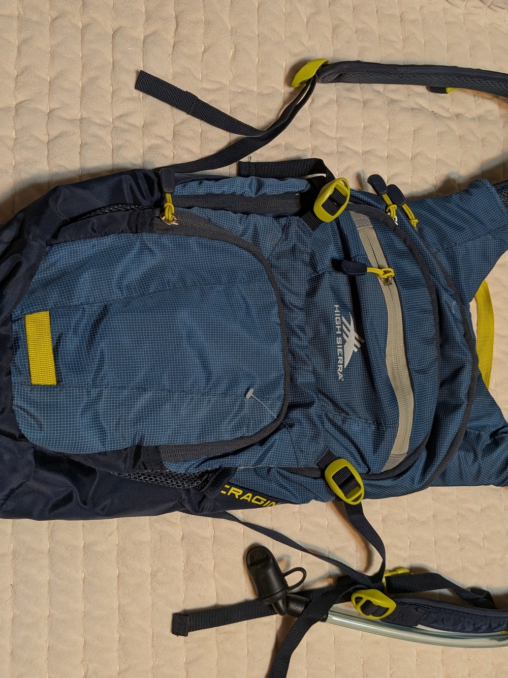 High Sierra Men's Blue Hiking Backpack with Yellow Accents